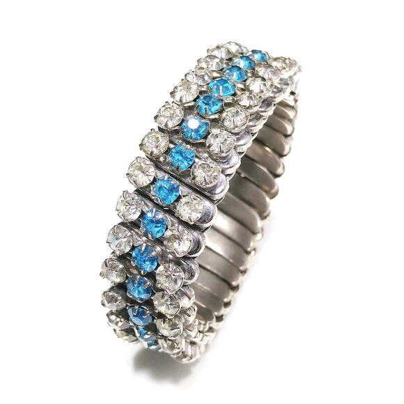 Vintage Rhinestone Expansion Bracelet, Clear & Turquoise, 1950s - Picture 5 of 10